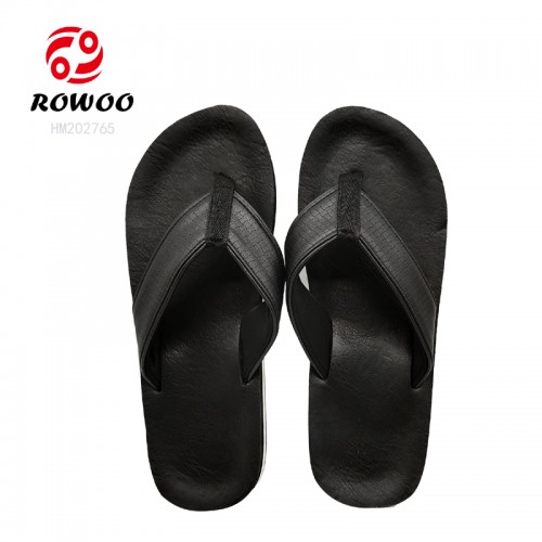 Black PU Leather Flip Flops Breathable Slipper Shoes