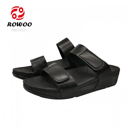 Rubber Women Wedge Sandals Two Straps Slide Sandals Black Ladies Summer Shoes
