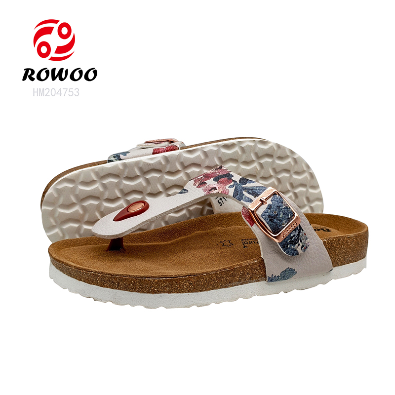 PU Leather Straps Women Cork Sandals EVA Outsole Slipper Shoes Printing Design Sandals