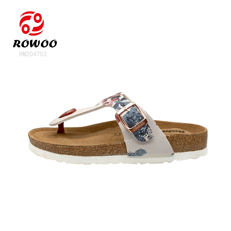PU Leather Straps Women Cork Sandals EVA Outsole Slipper Shoes Printing Design Sandals