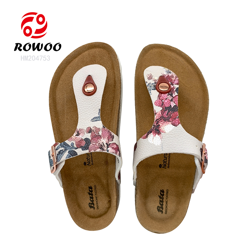 PU Leather Straps Women Cork Sandals EVA Outsole Slipper Shoes Printing Design Sandals